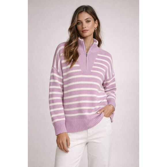 Lands' End Sweaters - NEW Land’s End Lilac Stripe 3/4 Zip Cotton Sweater | Coastal Preppy